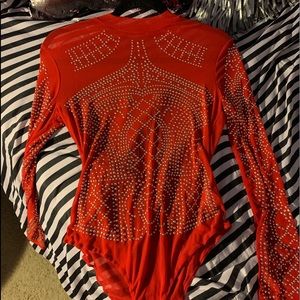 Women Red Long Sleeve Top Silver Studded Bodysuit